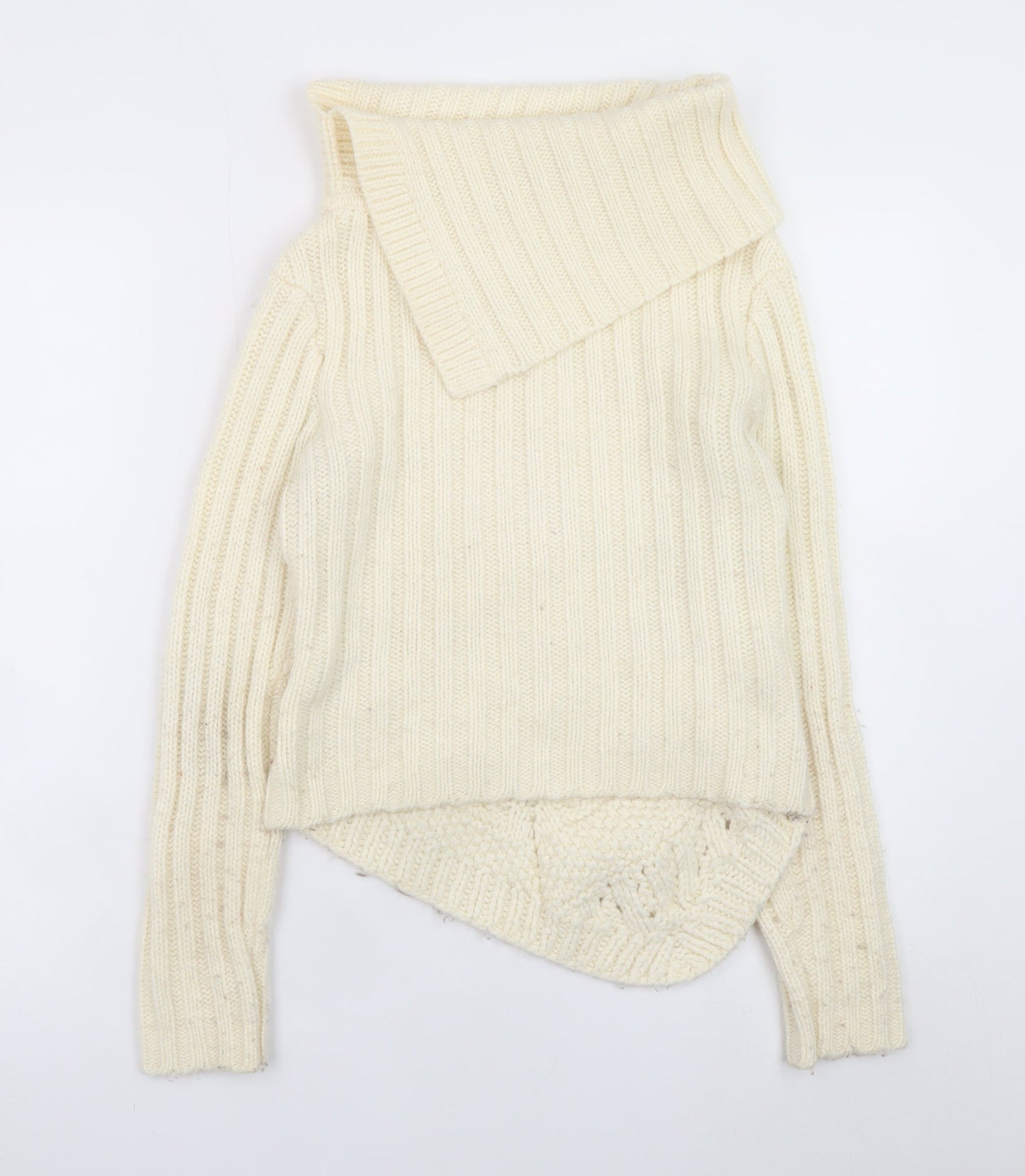River Island Women Ivory Wool Blend Cowl Neck Cable Knit Jumper Size 8