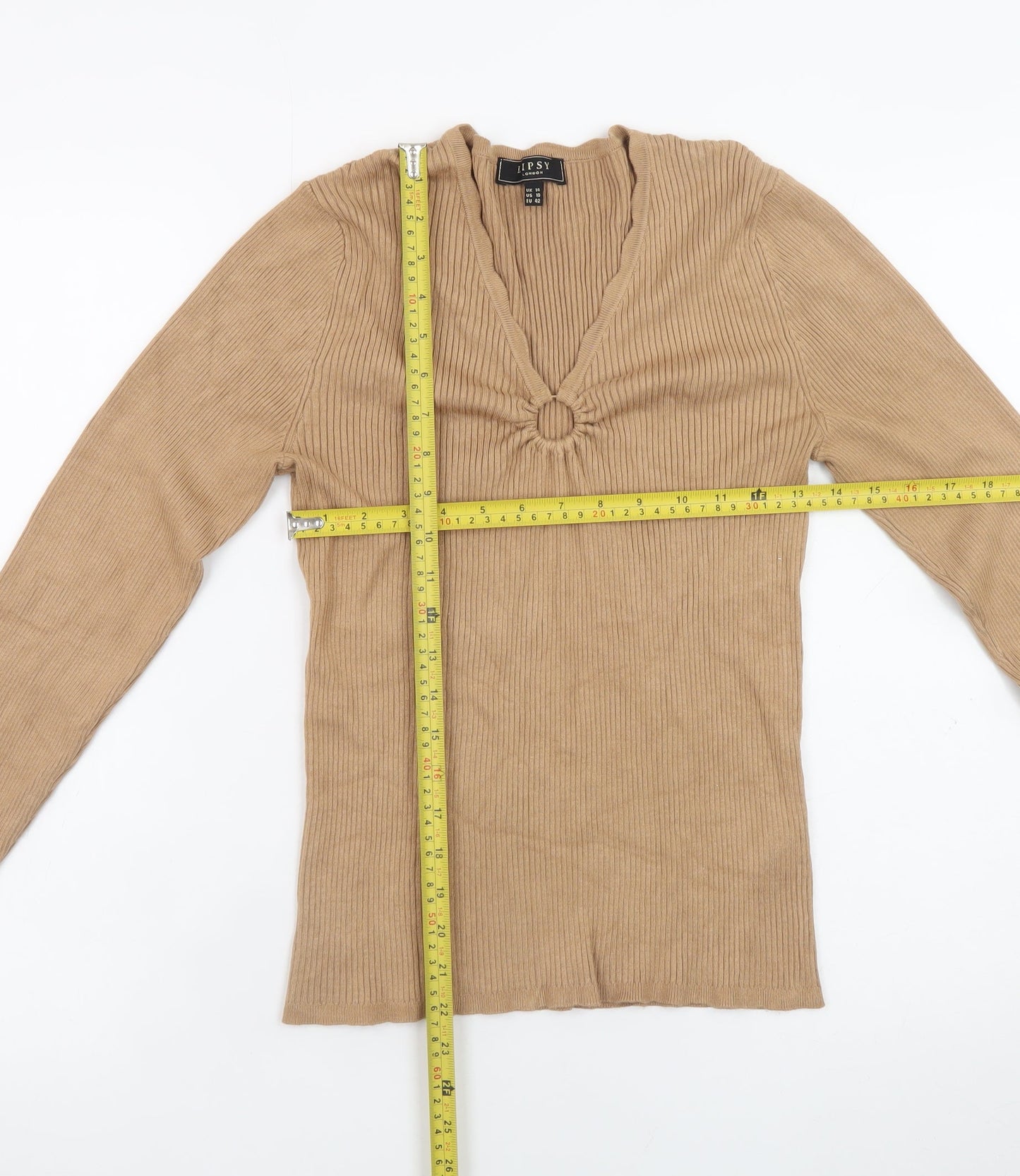 Lipsy Women’s Beige V-Neck Long Sleeve Knit Jumper Size 14