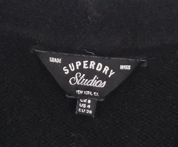 Superdry Women Black Size 8 Knit Jumper Dress V-Neck Wool Blend Winter