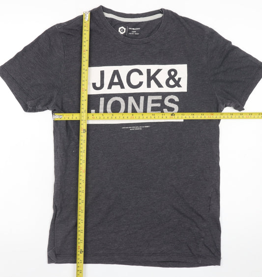 Jack & Jones Men's Grey Graphic Print Cotton Blend T-Shirt Size S