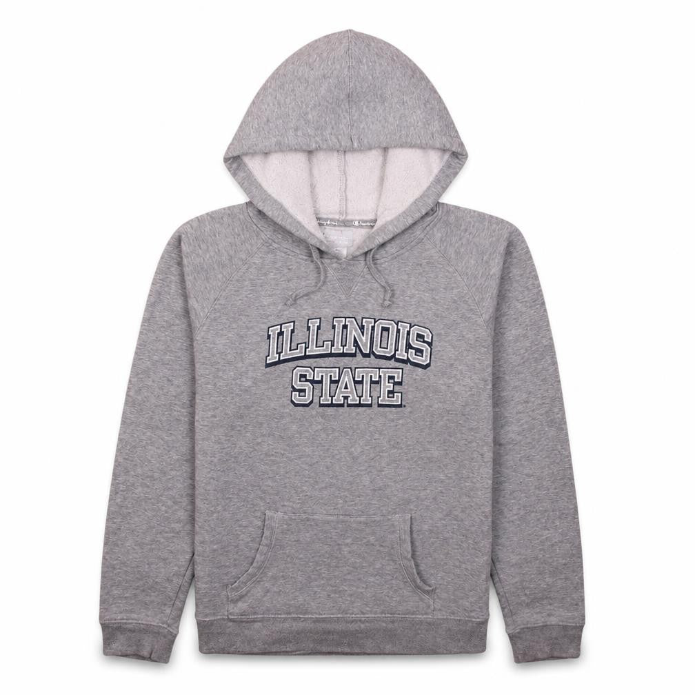 Front view of Champion boys’ grey illinois state pullover hoodie, size L, fleece cotton blend