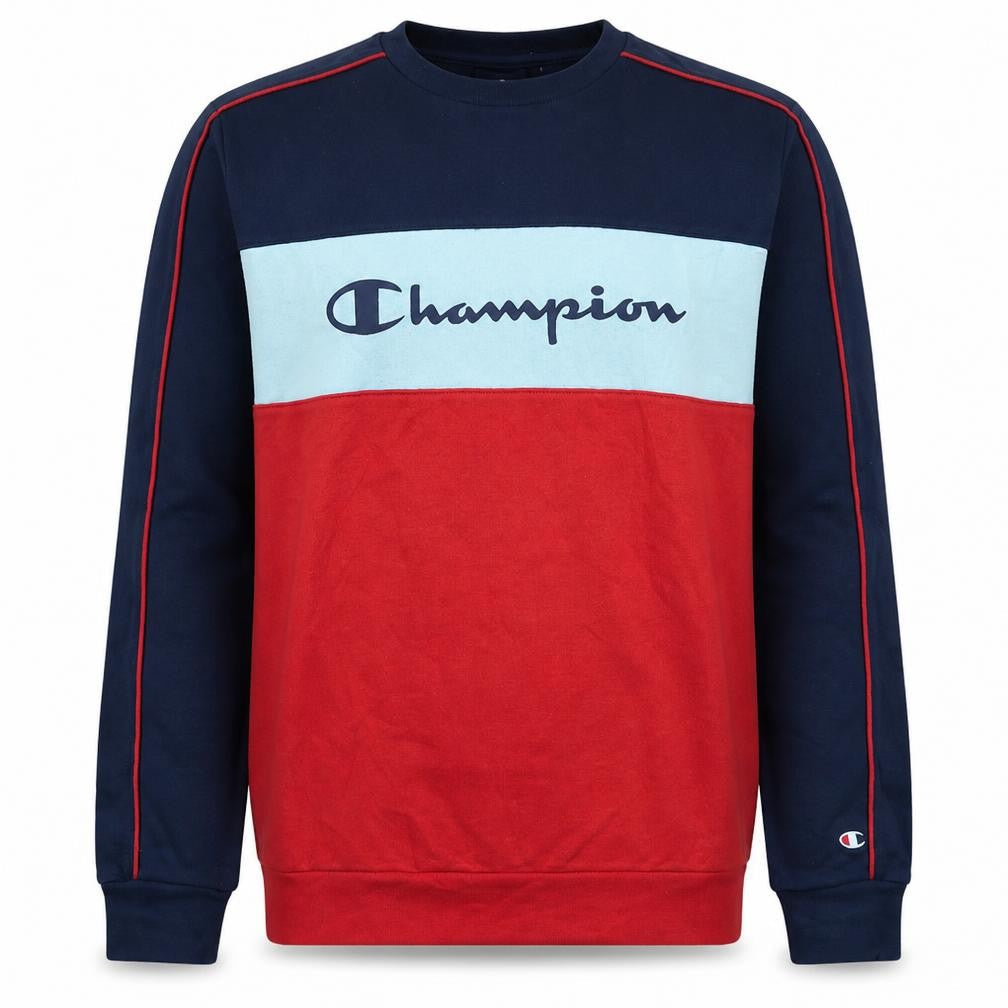 Front view of Champion boys’ navy red colourblock crew neck sweatshirt 15-16 years 2xl