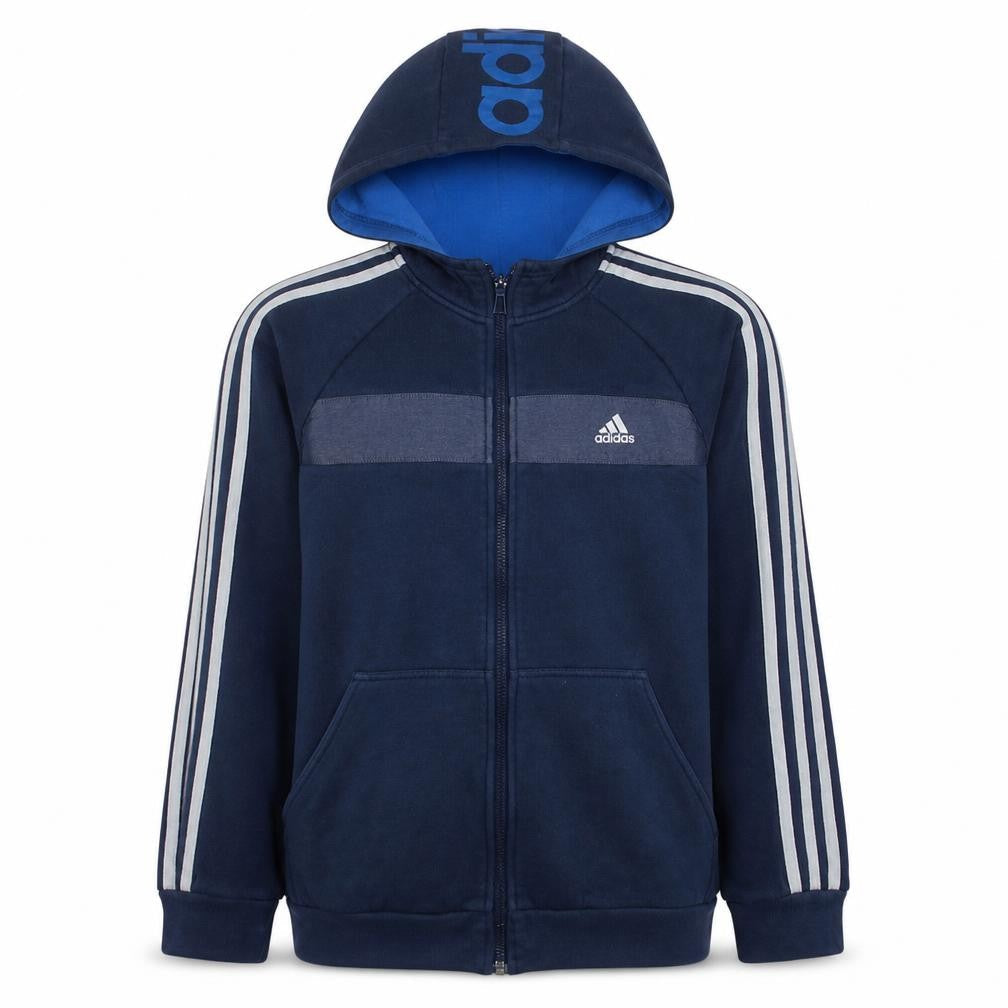 Front view of Adidas boys’ blue full zip fleece hoodie 15-16 years sports logo