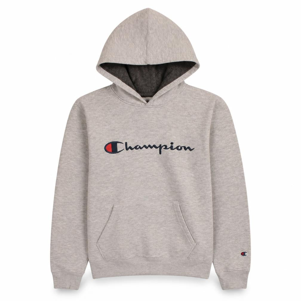 Front view of Champion boys’ beige hooded pullover sweatshirt l logo fleece casual