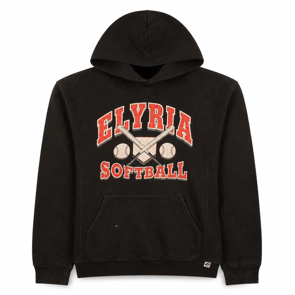 Russell Athletic Men’s Black Pullover Hoodie M Elyria Softball Graphic