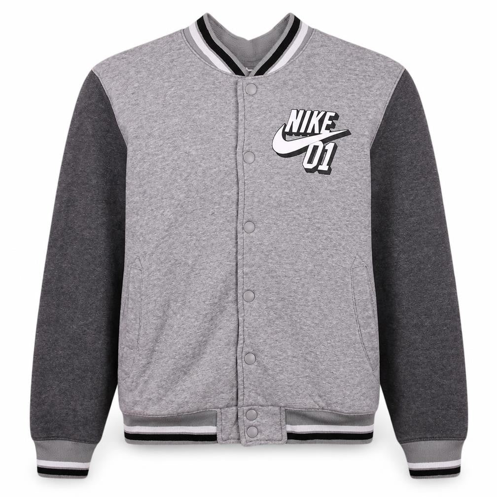 Front view of Nike boys’ grey varsity jacket, size 12-13, years snap fastening lined