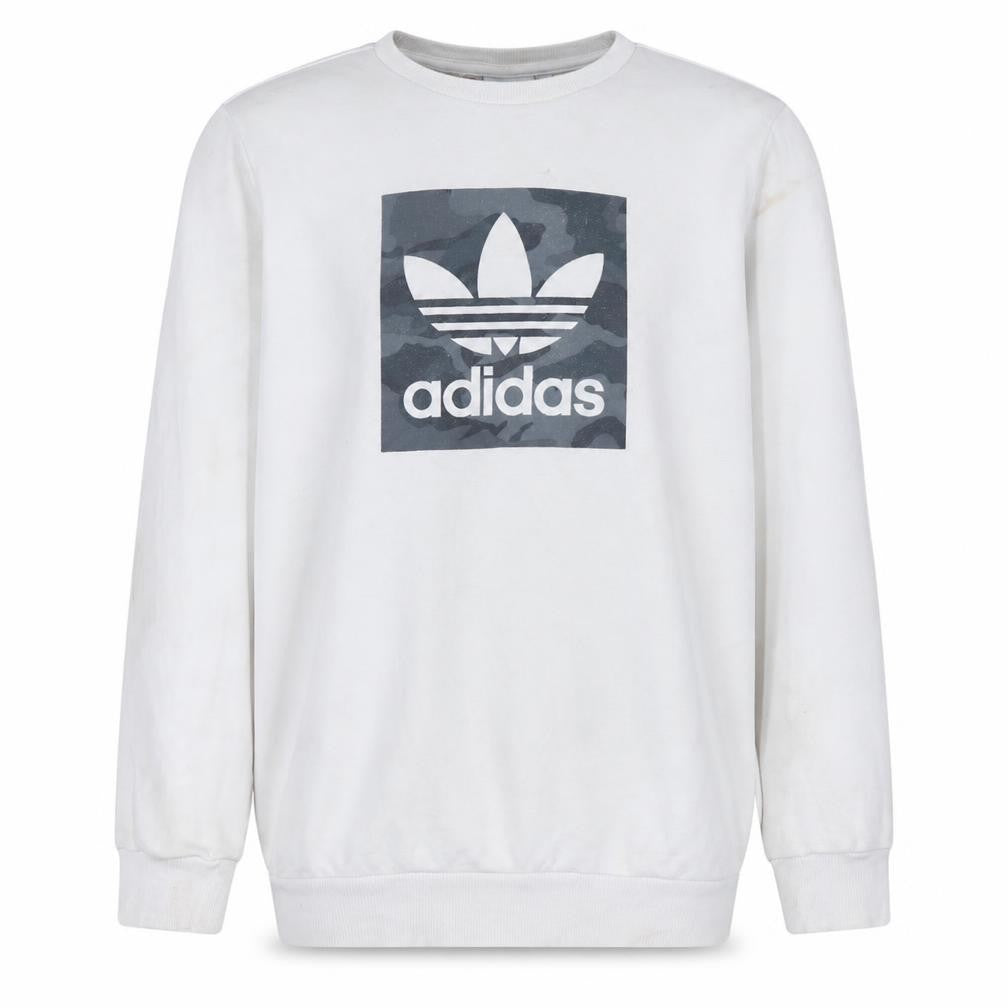 Front view of Adidas boys’ white sweatshirt xl crew neck camouflage logo casual style