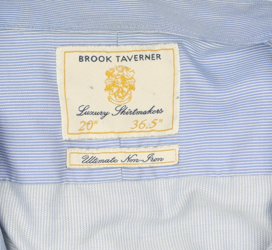 Brook Taverner Men's Blue Striped Non-Iron Cotton Button-Up Shirt Size 20