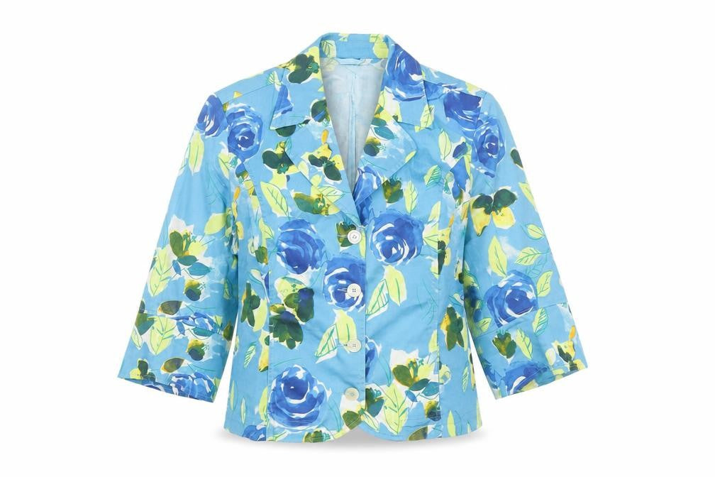 La Strada Women Blue Floral Blazer Size 10 Classic Summer Jacket