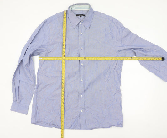 Jaeger Men's Blue Striped Cotton Long Sleeve Button-Up Shirt L