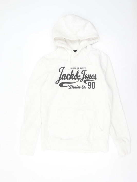 Jack & Jones Men’s White Pullover Hoodie M Logo Fleece Sweatshirt