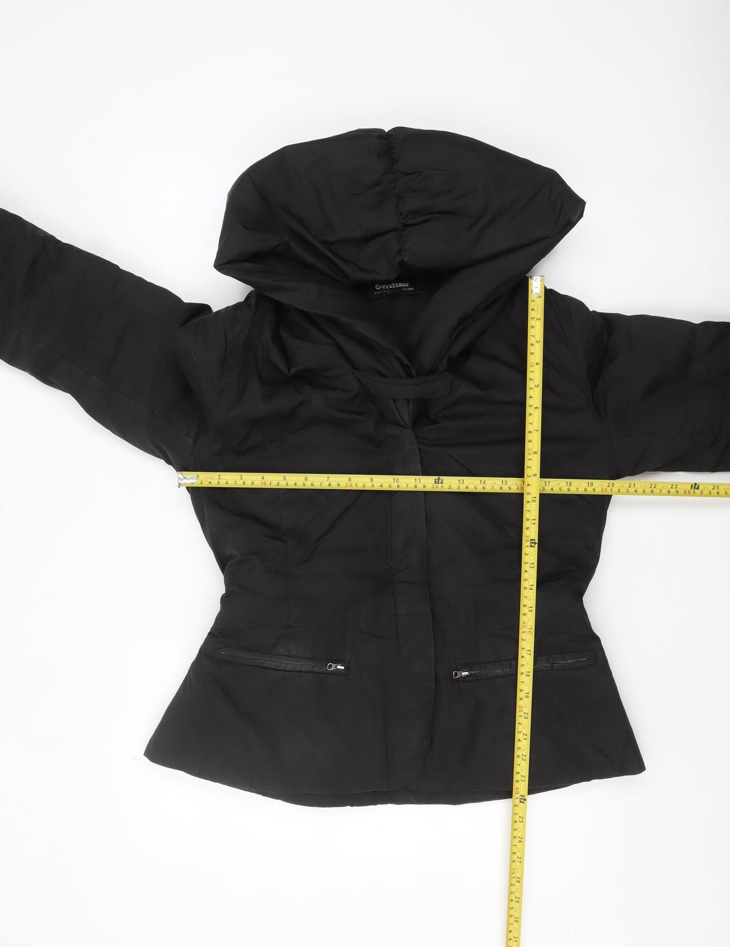 Coffee Shop Womens Black L Hooded Puffer Jacket Belted Mid-Length
