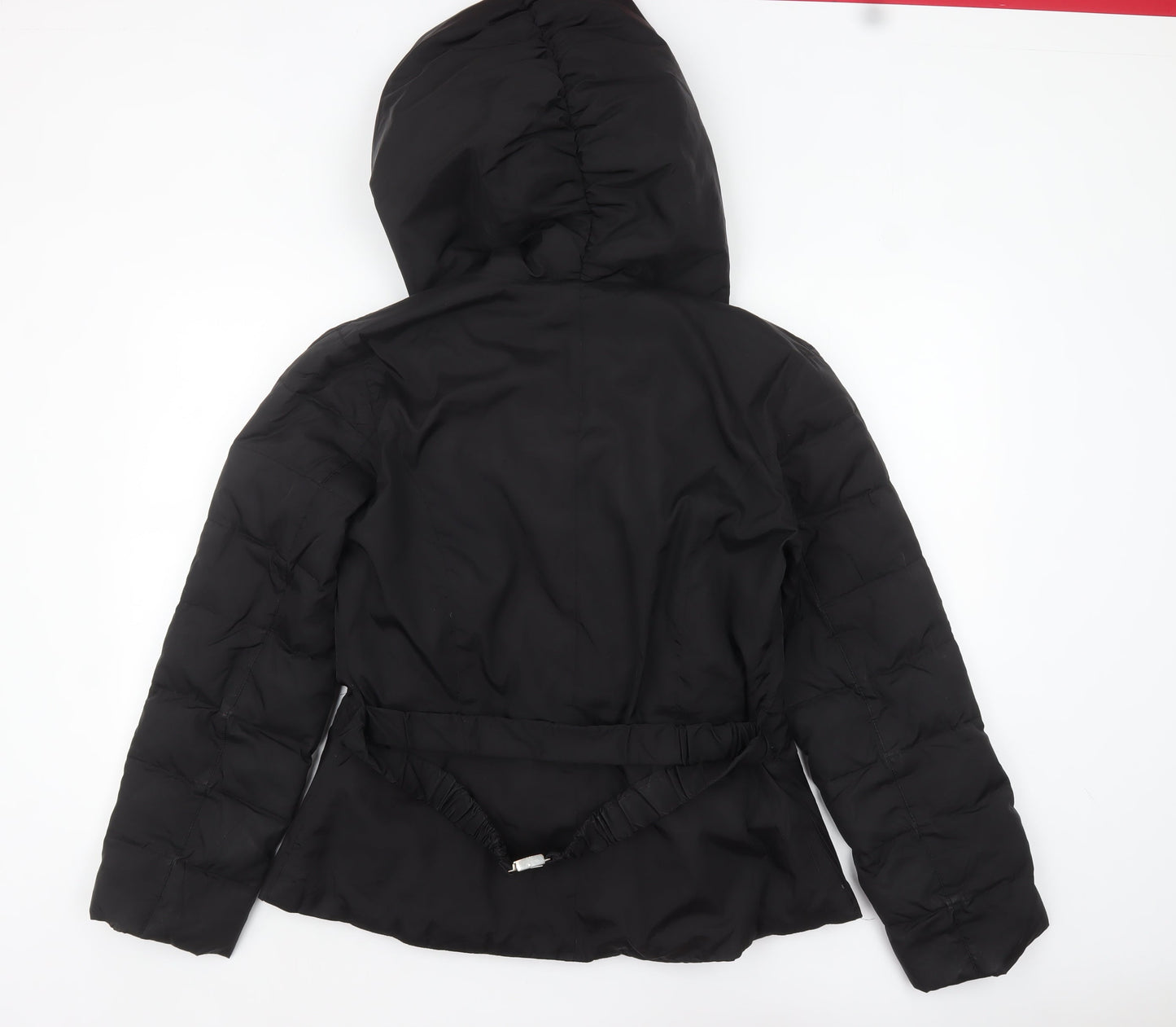 Coffee Shop Womens Black L Hooded Puffer Jacket Belted Mid-Length