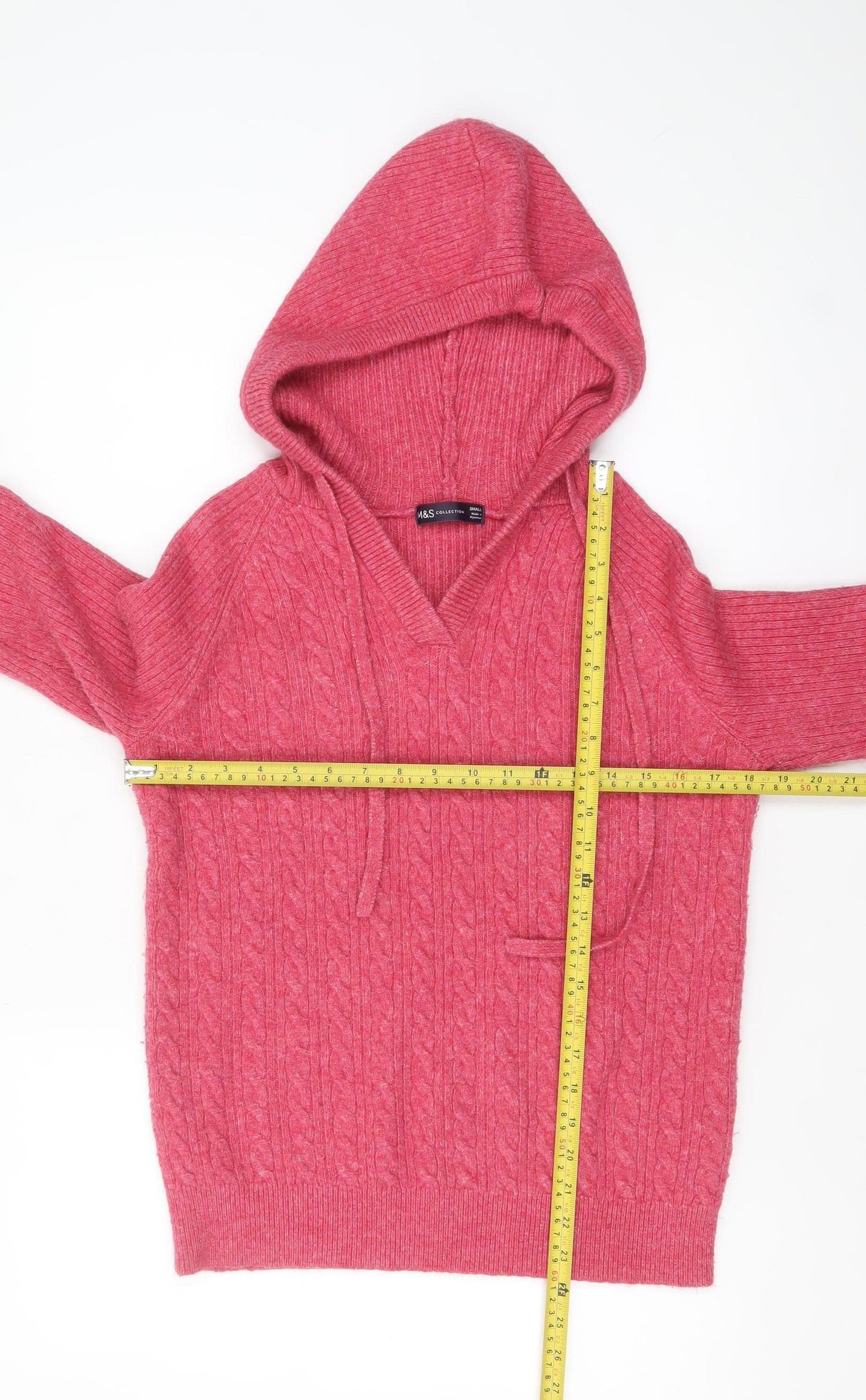 Marks and Spencer Women's Pink Hooded Cable-Knit Pullover Jumper Size S