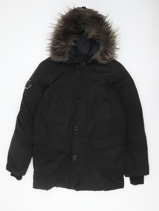 Superdry Women's Black Down Parka Coat S Faux Fur Hood Winter Jacket