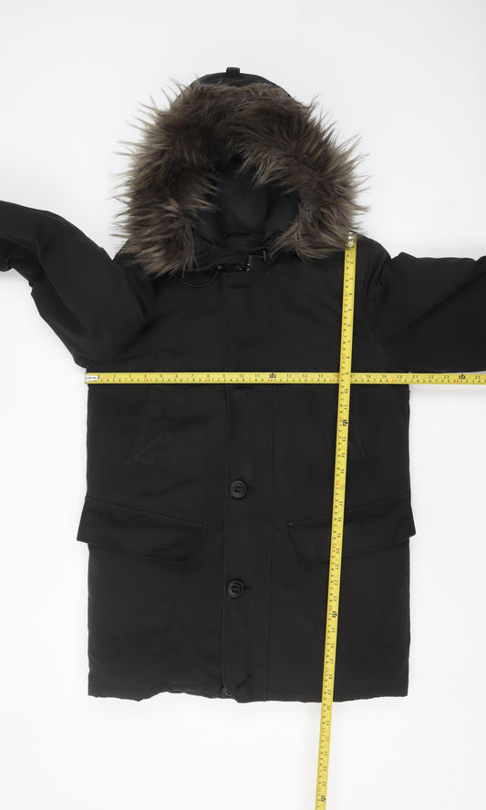 Superdry Women's Black Down Parka Coat S Faux Fur Hood Winter Jacket