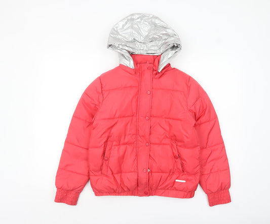 DKNY Women’s Pink Short Puffer Jacket XS Hooded Logo Winter Coat