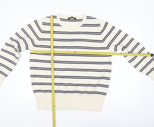 Jaeger Men’s Ivory Striped Wool Cashmere Crew Neck Jumper XL