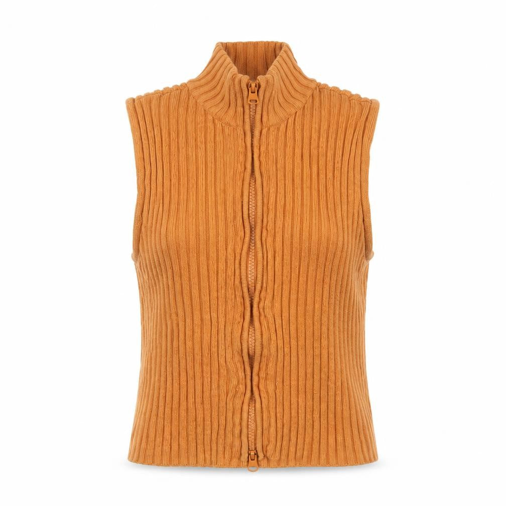 Zara Women Brown Ribbed Knit Sleeveless Zip High Neck Cropped Top S