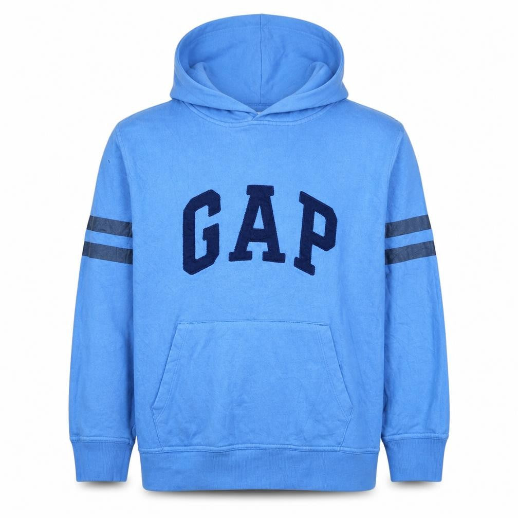 Front view of Gap boys’ blue pullover hoodie xxl fleece logo long sleeve sweatshirt
