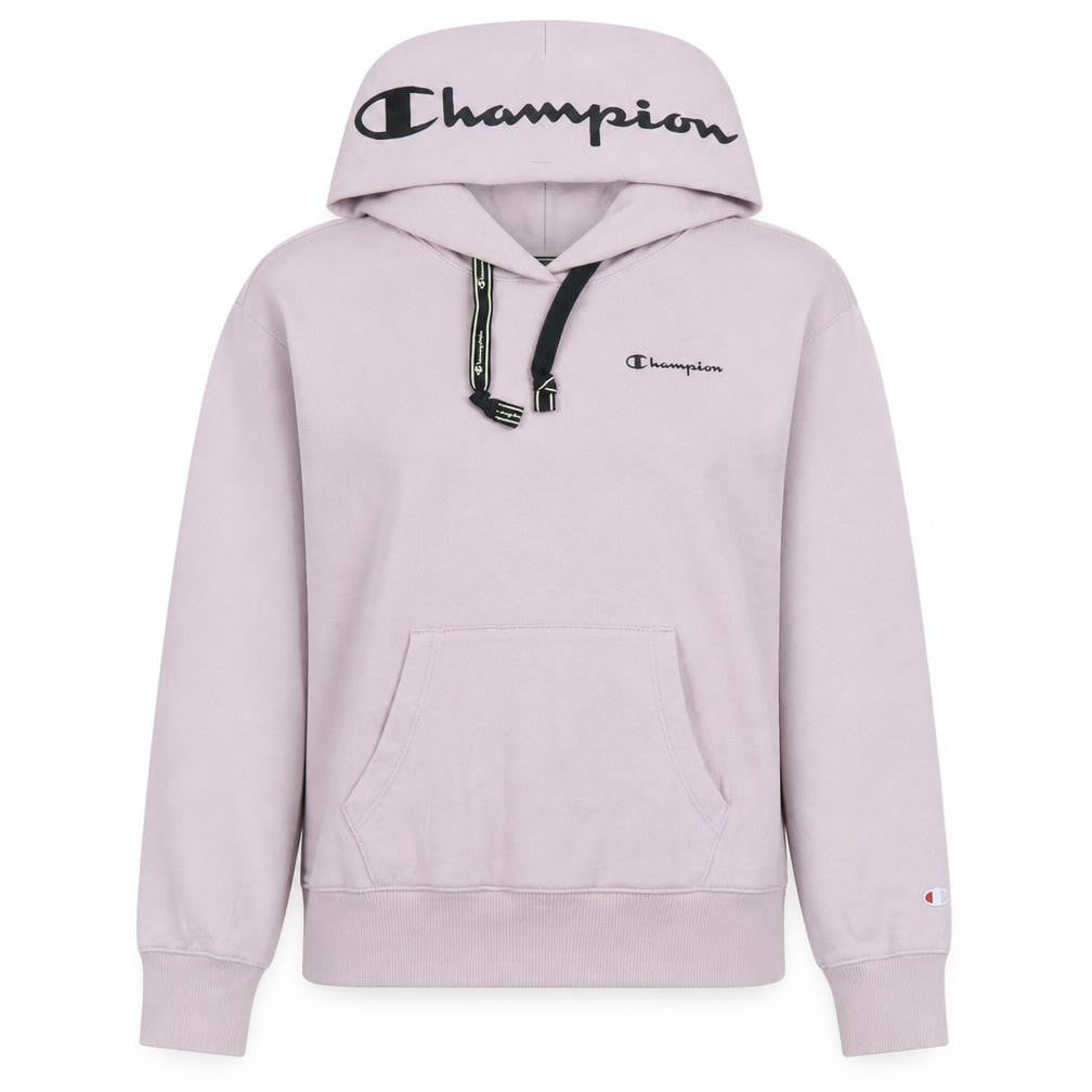 Front view of Champion girls’ pink logo pullover hoodie, size L, fleece cotton blend
