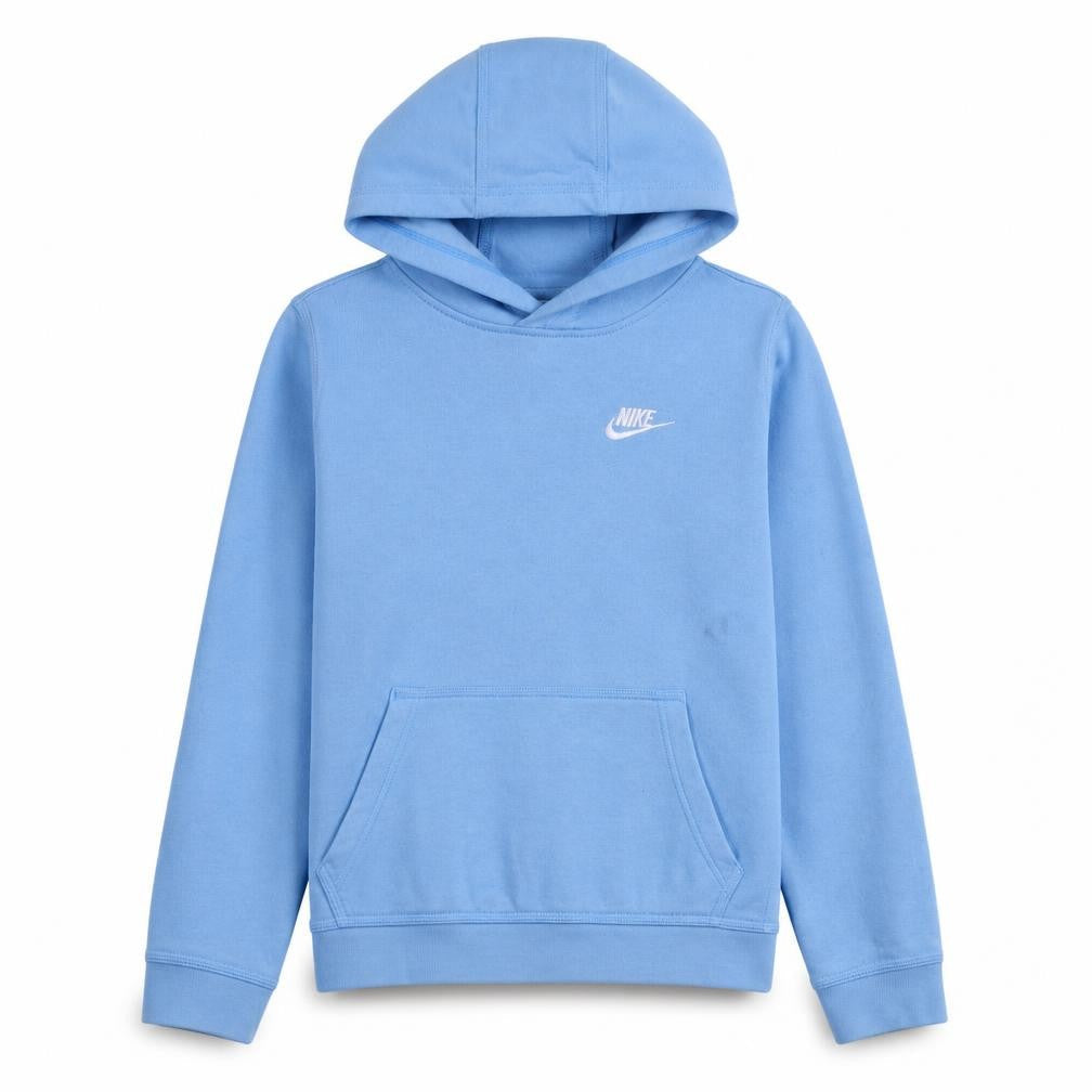 Front view of Nike boys’ blue pullover hoodie l 147-158cm logo fleece long sleeve sweatshirt