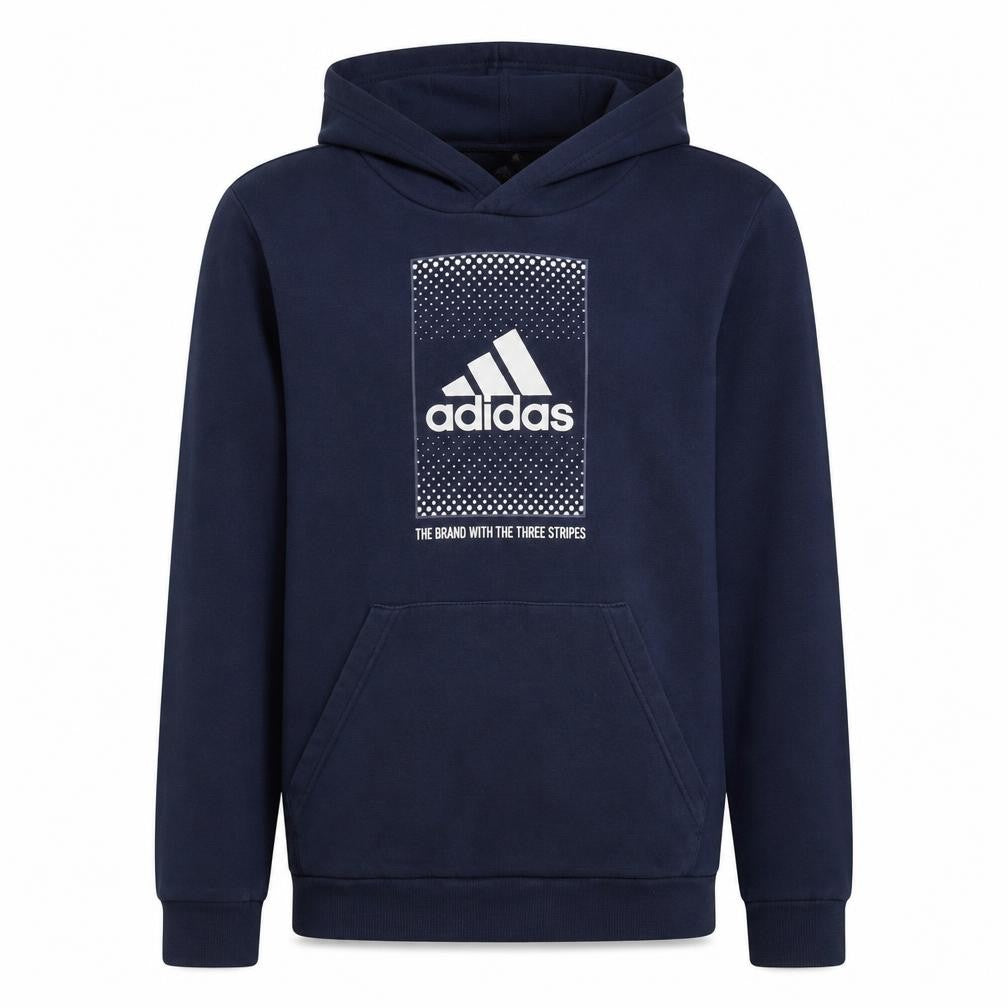 Front view of Adidas boys’ blue pullover hoodie 14 years regular fit graphic print