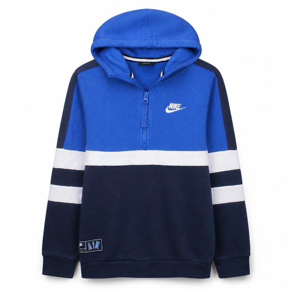Front view of Nike boys’ blue colourblock 1/4 zip hooded sweatshirt 10-12 years