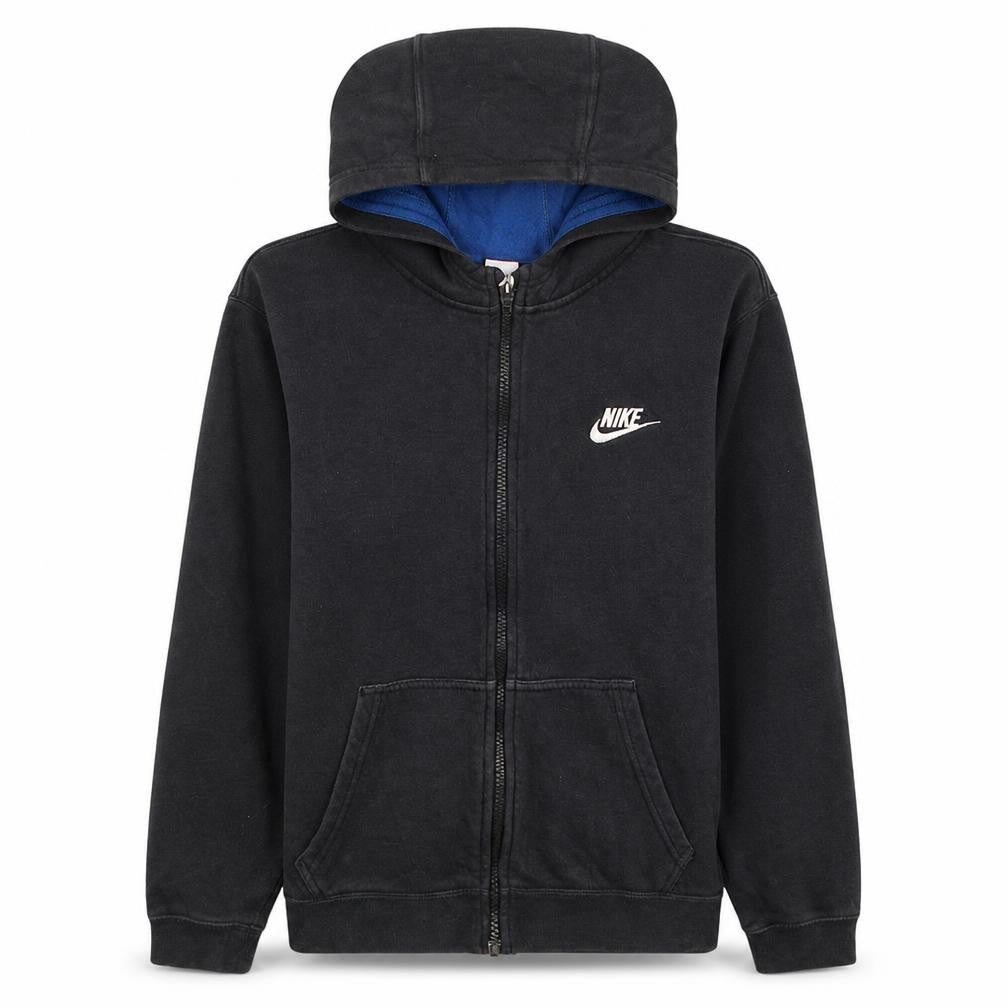 Front view of Nike boys’ black full zip fleece hoodie, size L, with logo front