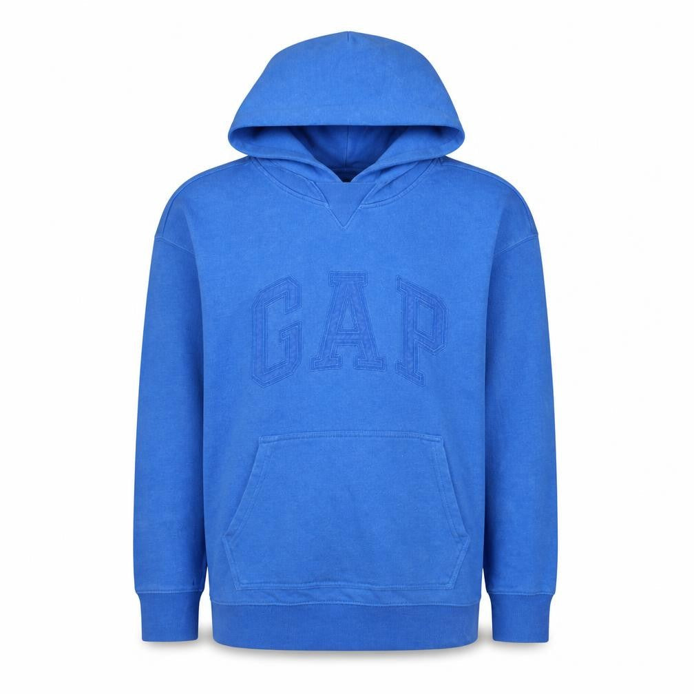 Front view of Gap boys’ blue pullover hoodie 14-15 years fleece cotton logo sweatshirt