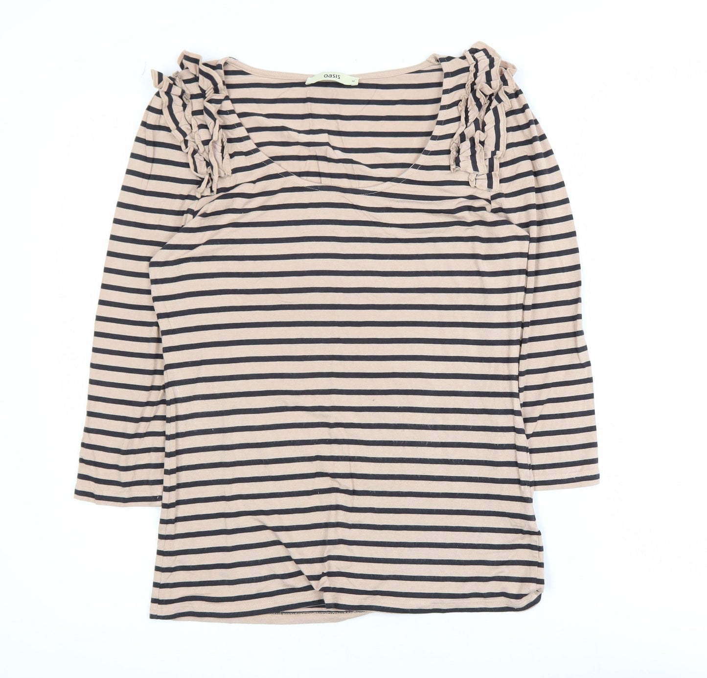 Oasis Women Beige Striped 3/4 Sleeve Ruffle Jersey Top M