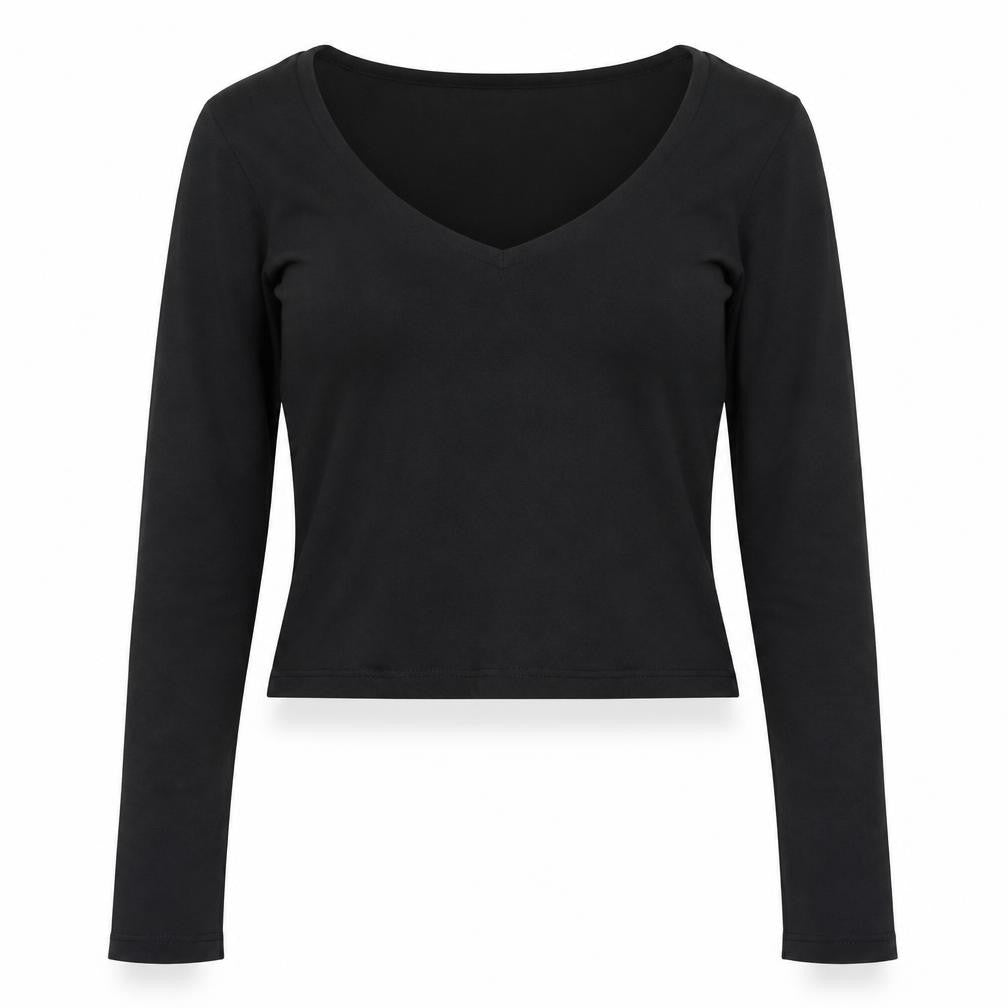 AYM Womens Black Bamboo Blend V-Neck Long Sleeve Cropped Top M