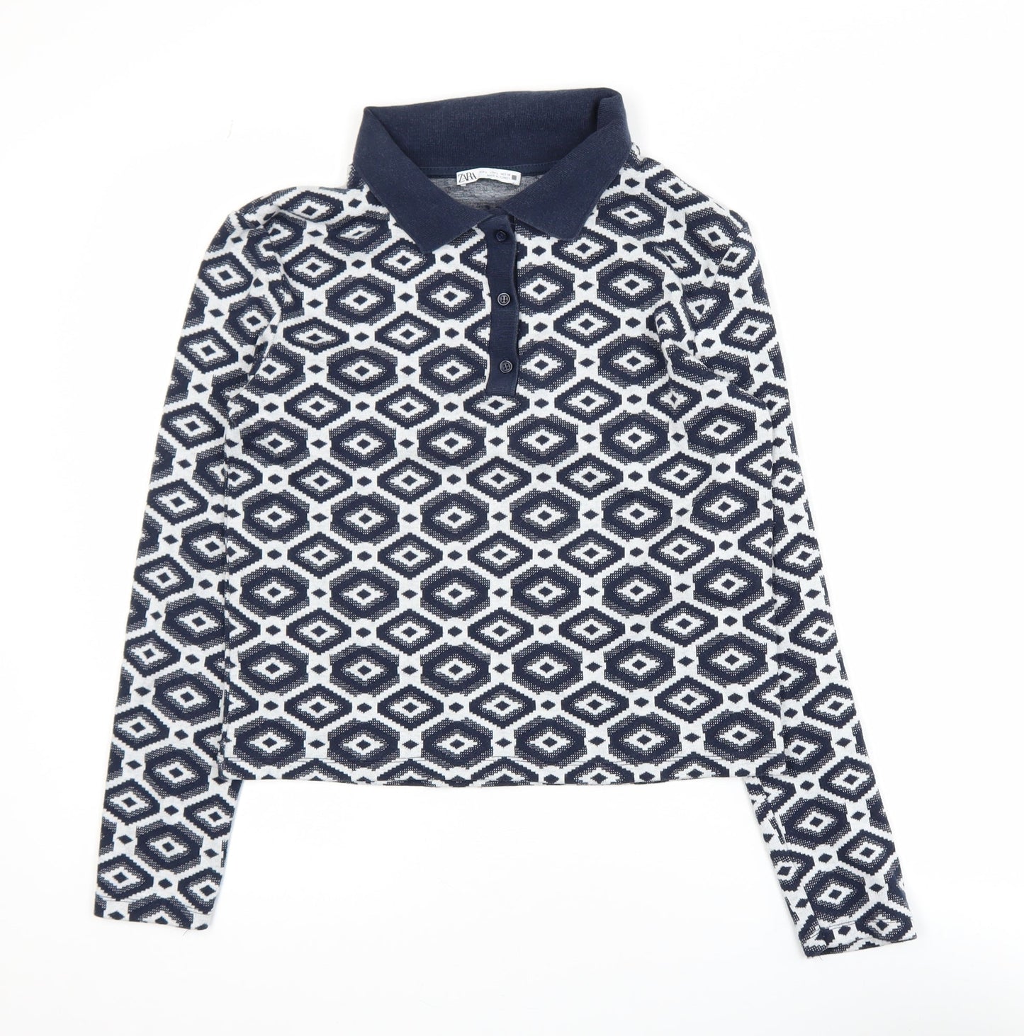 Zara Womens Blue Geometric Knit Polo Long Sleeve Top L