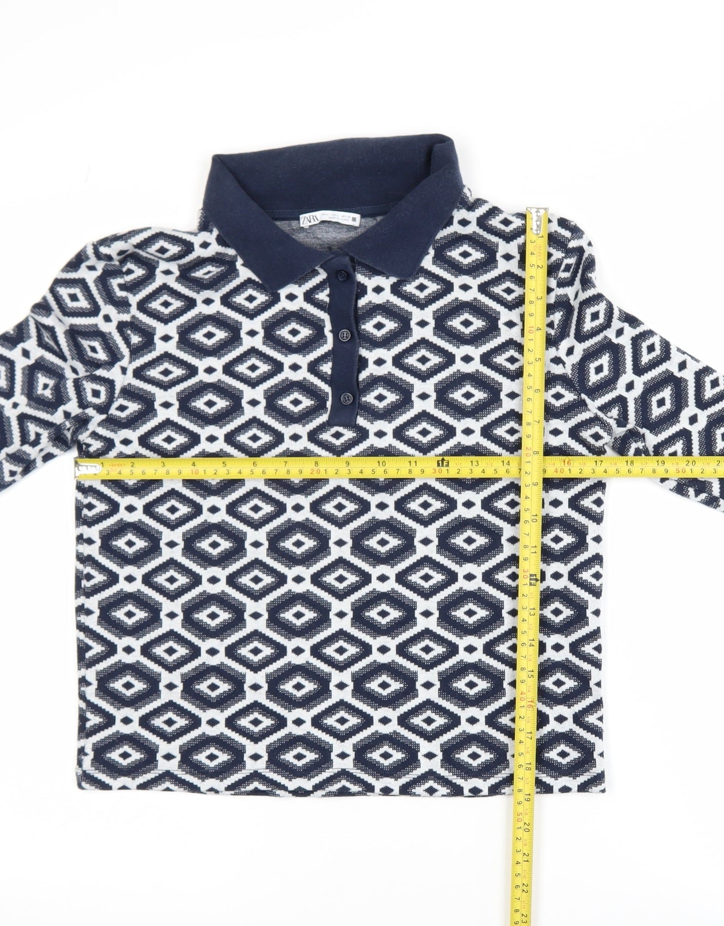 Zara Womens Blue Geometric Knit Polo Long Sleeve Top L