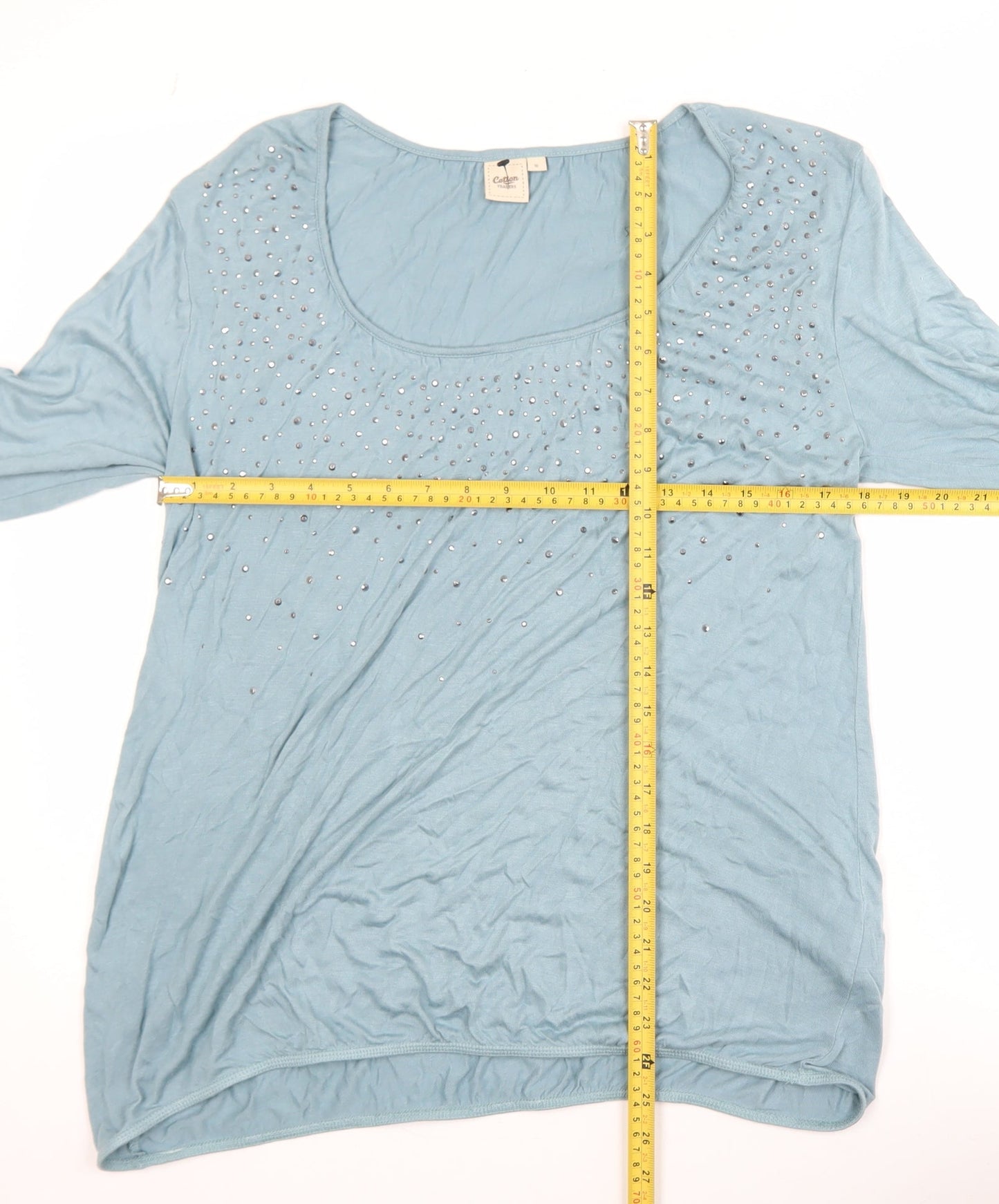 Cotton Traders Women Duck Egg Blue Long Sleeve Top Size 10 Beaded Viscose