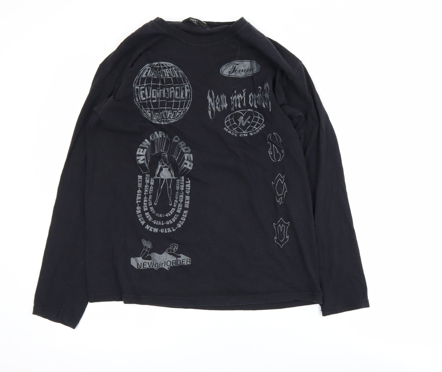 New Girl Order Women's Black Long Sleeve Graphic Cotton T-Shirt Size 8