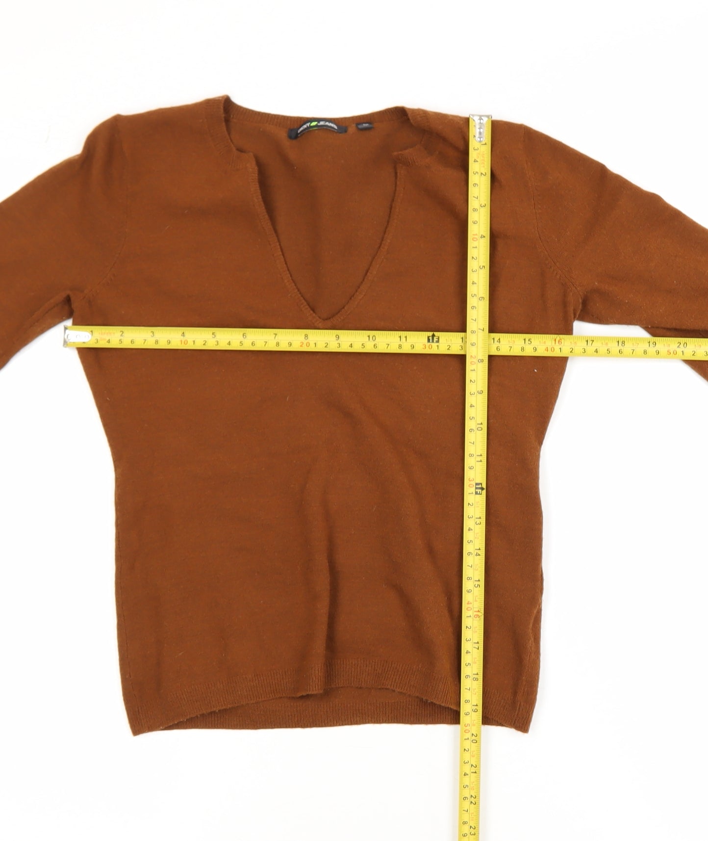 DKNY Jeans Womens Brown V-Neck Long Sleeve Pullover Jumper M