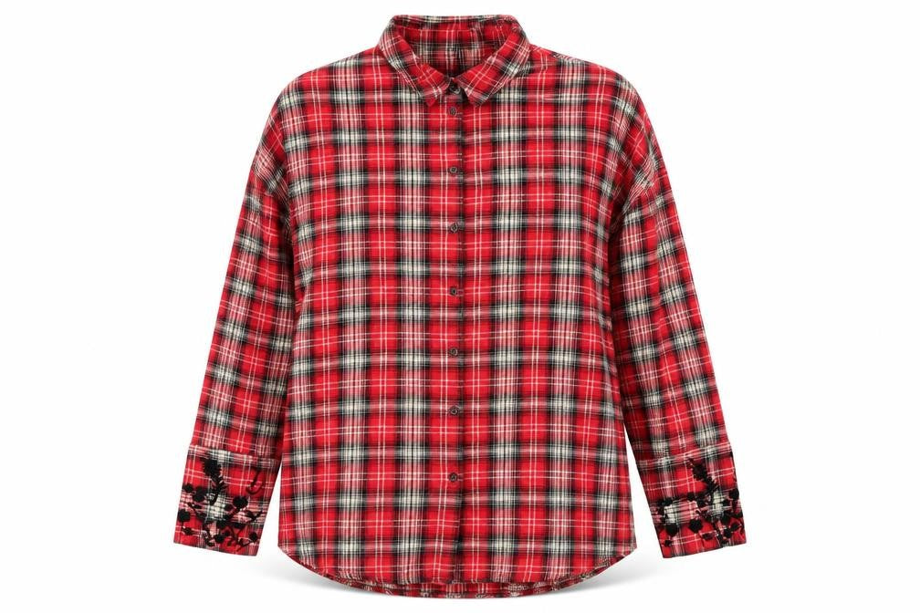 Topshop Women's Red Plaid Embroidered Cotton Flannel Shirt UK 8