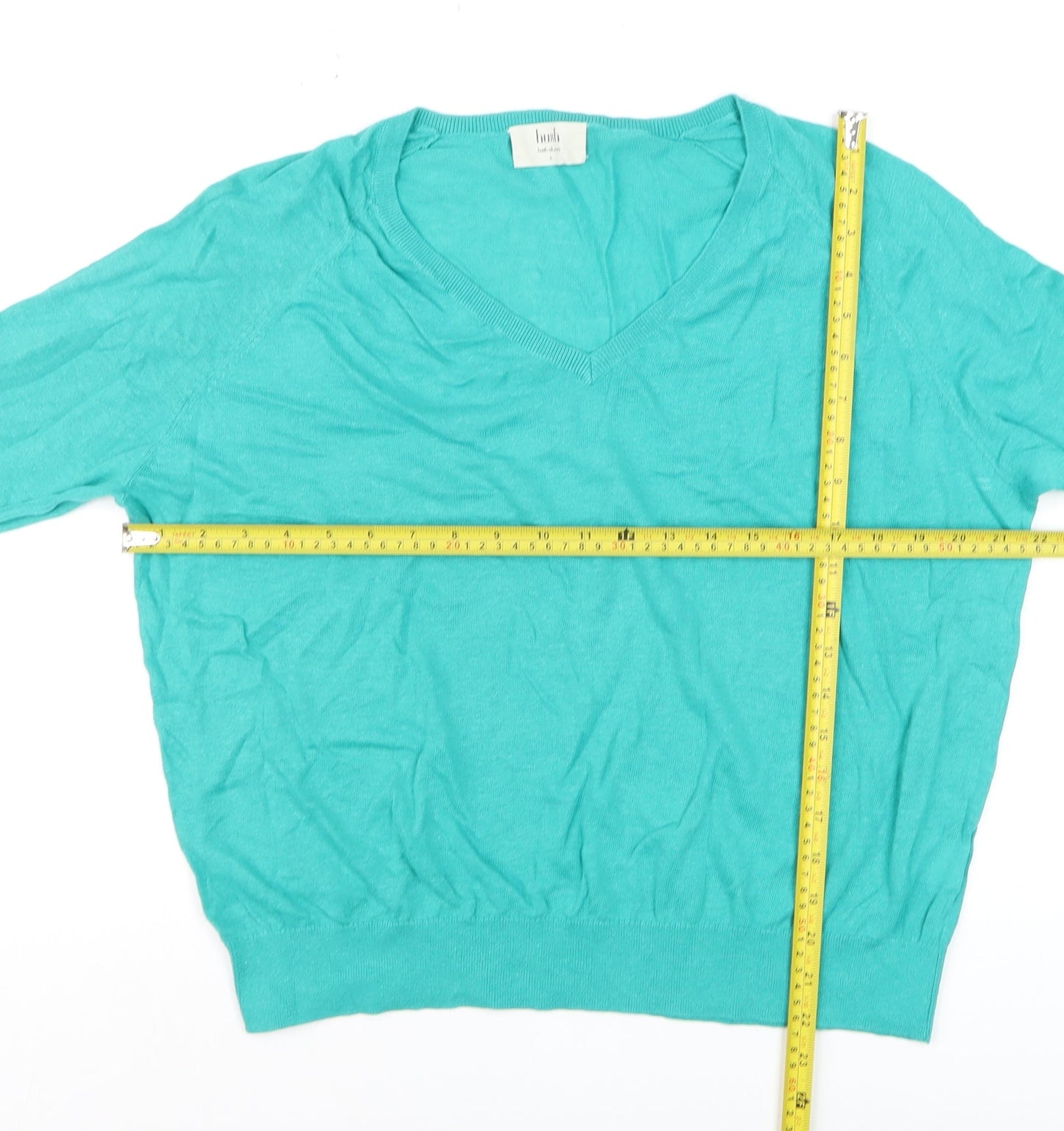 Hush Women Green V-Neck Linen Cotton Pullover Jumper L