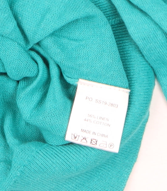 Hush Women Green V-Neck Linen Cotton Pullover Jumper L