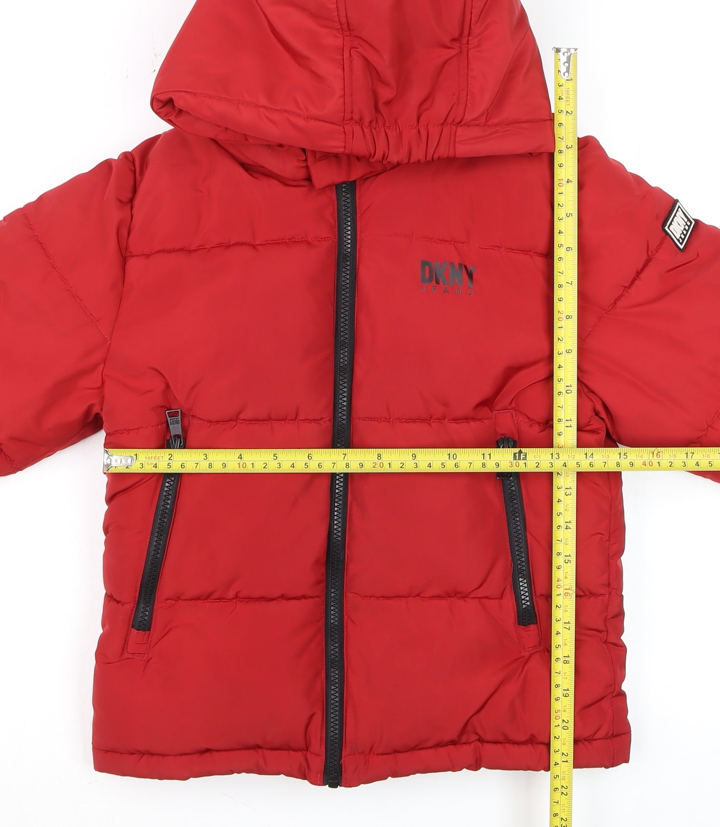 DKNY Boys Red Hooded Puffer Jacket 7 Years Winter Coat Lined Zip
