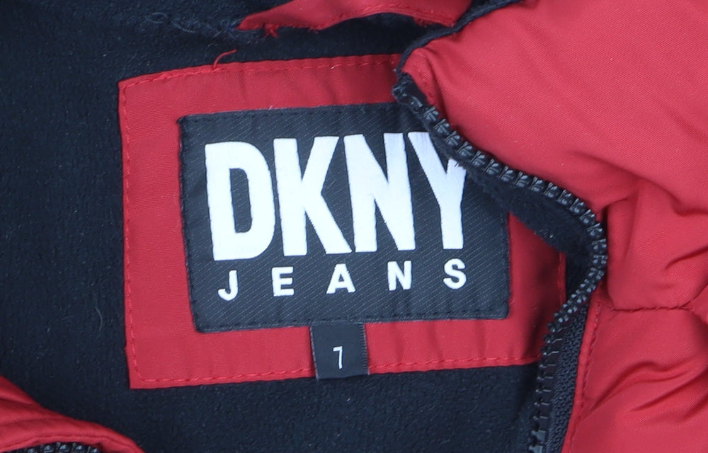 DKNY Boys Red Hooded Puffer Jacket 7 Years Winter Coat Lined Zip