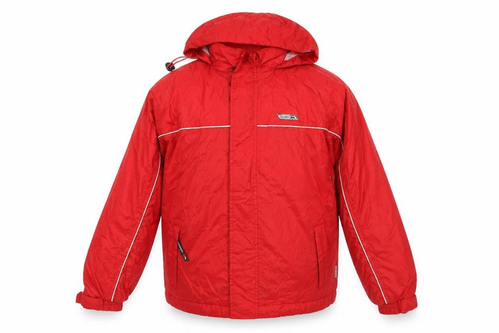 Front view of Trespass boys’ red waterproof hooded rain coat jacket 15-16 years