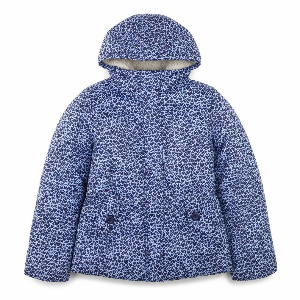 Front view of Lands' End girls’ blue heart print hooded puffer jacket, size 14, years