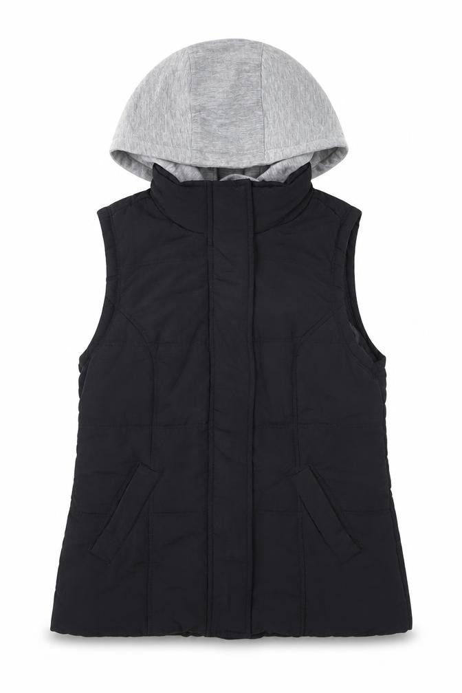 Front view of New Look girls’ black hooded puffer gilet waistcoat, size 8, polyester