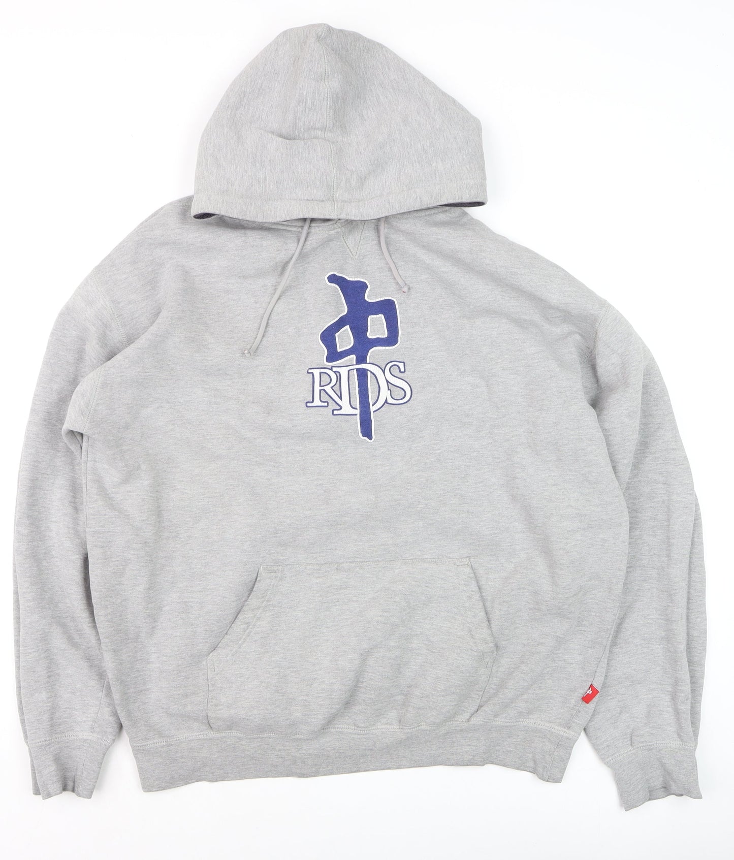 RDS Mens Grey Pullover Hoodie L Graphic Fleece Sweatshirt