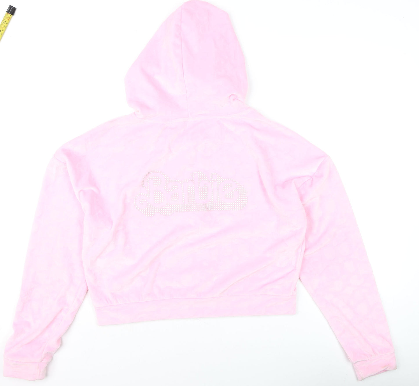 Barbie Women Pink L Velour Cropped Hooded Full Zip Track Jacket
