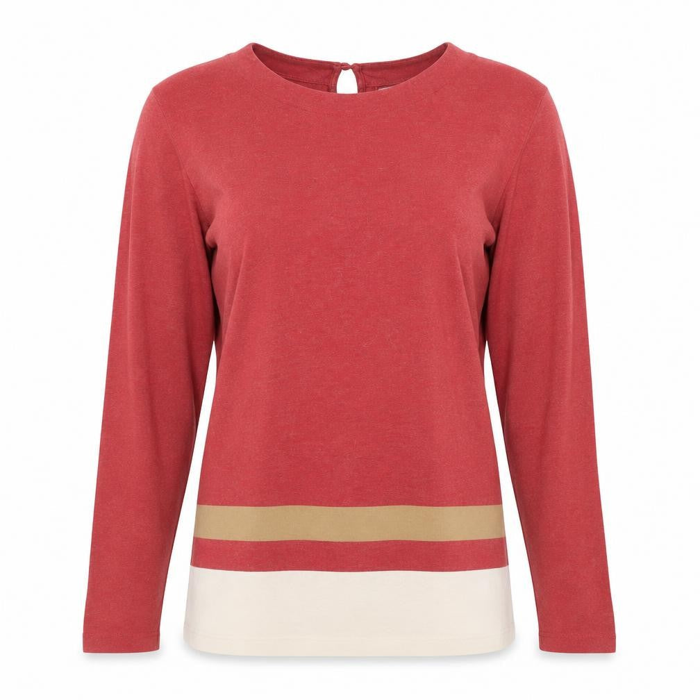 Cortefiel Women Red Colourblock Long Sleeve Cotton T-Shirt Size L