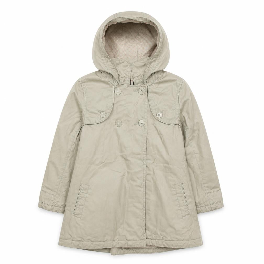 Front view of DPAM girls’ beige hooded trench coat 10 years double-breasted waterproof