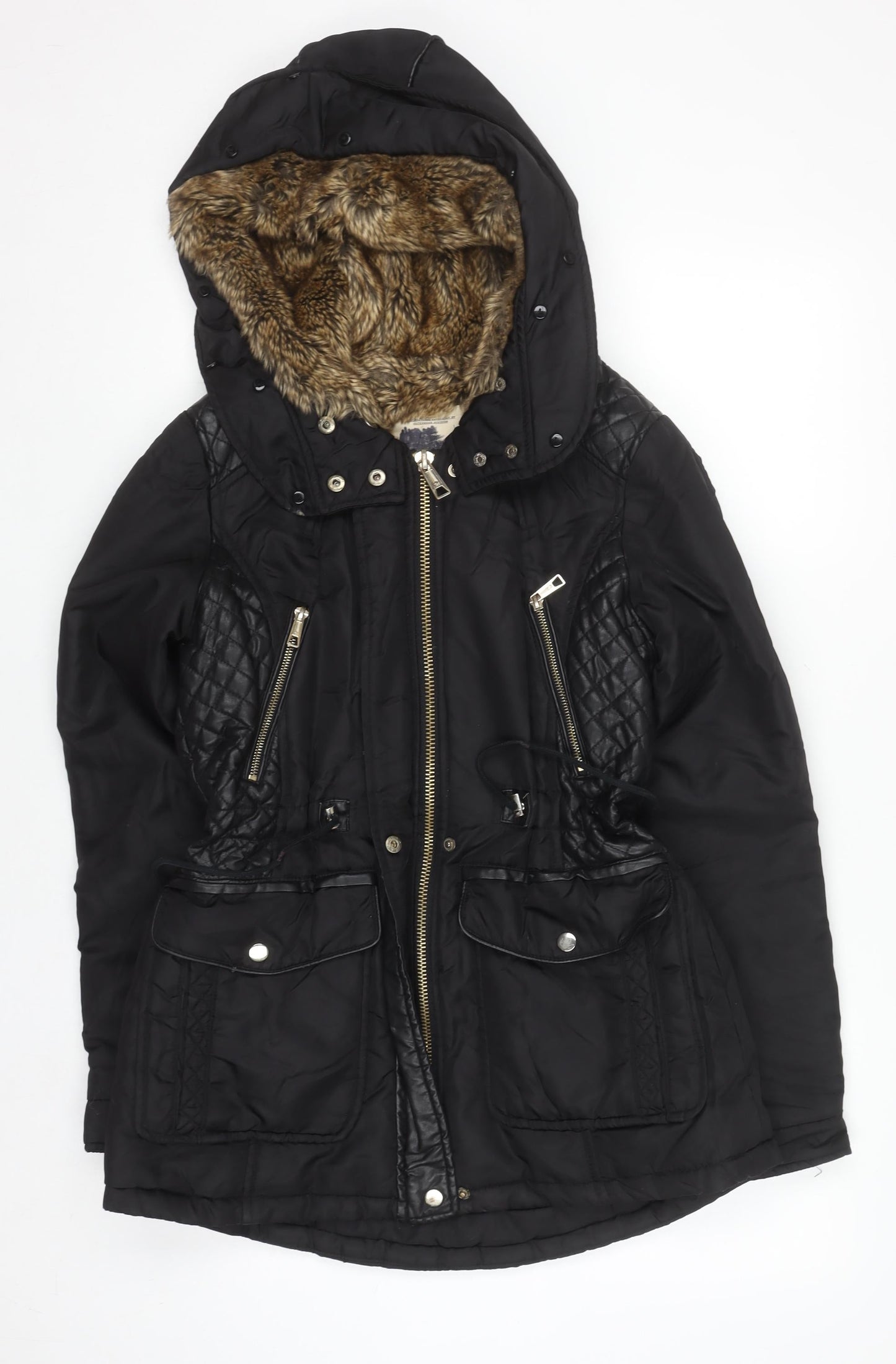 Zara Women Black Faux Fur Lined Hooded Parka Jacket Size 12